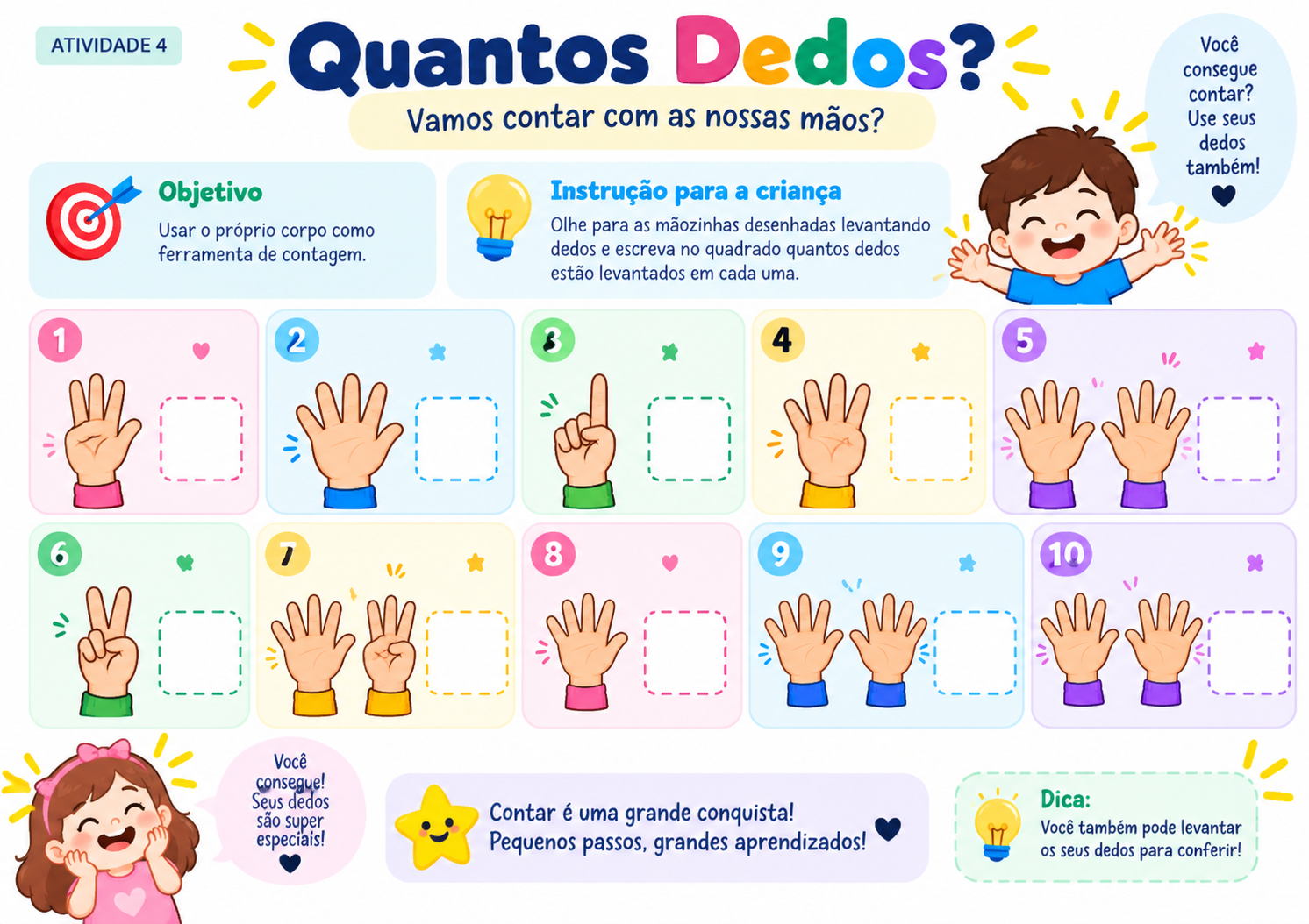 Página real do kit: atividade Quantos dedos?