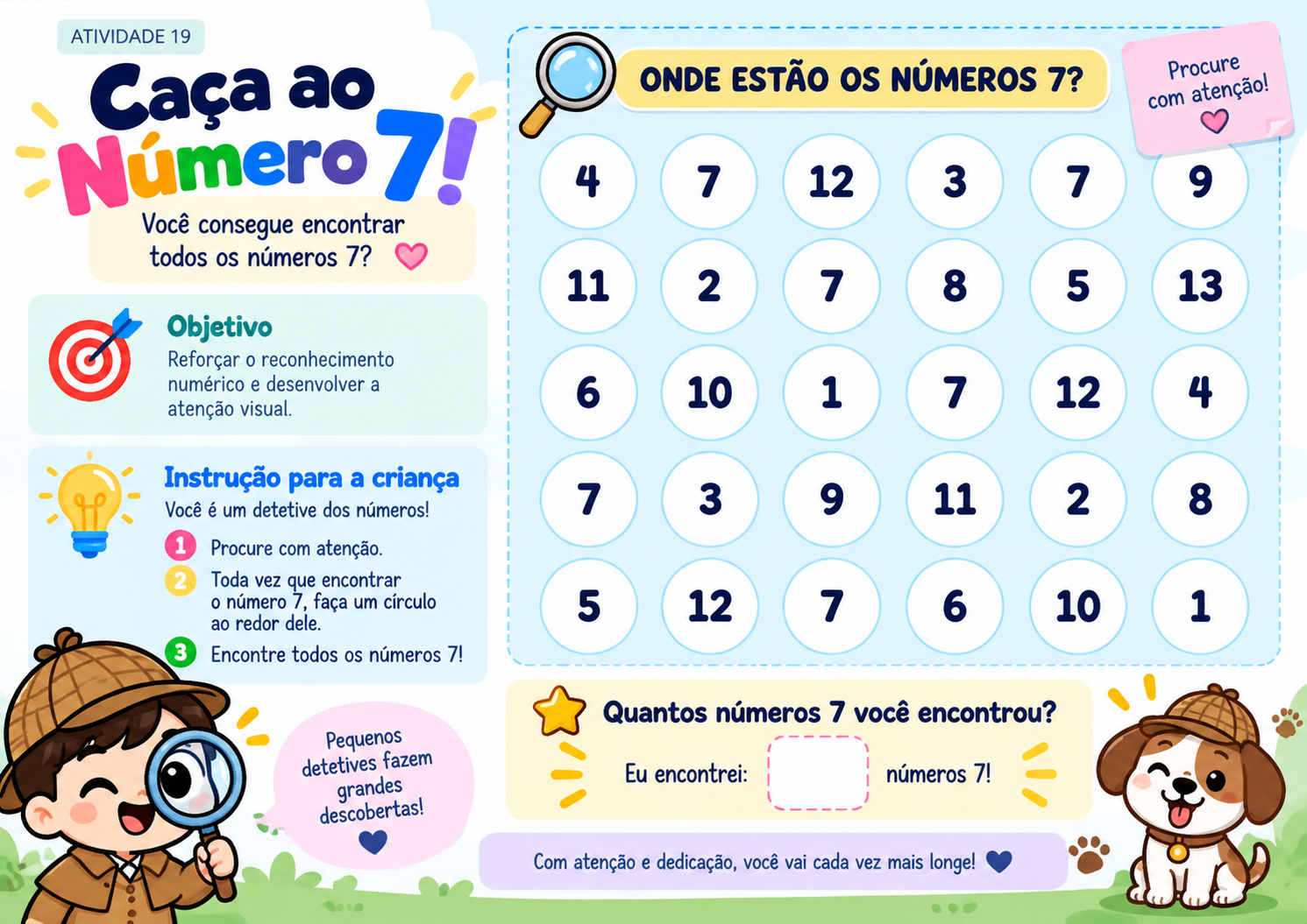 Página real do kit: atividade Caça ao número 7