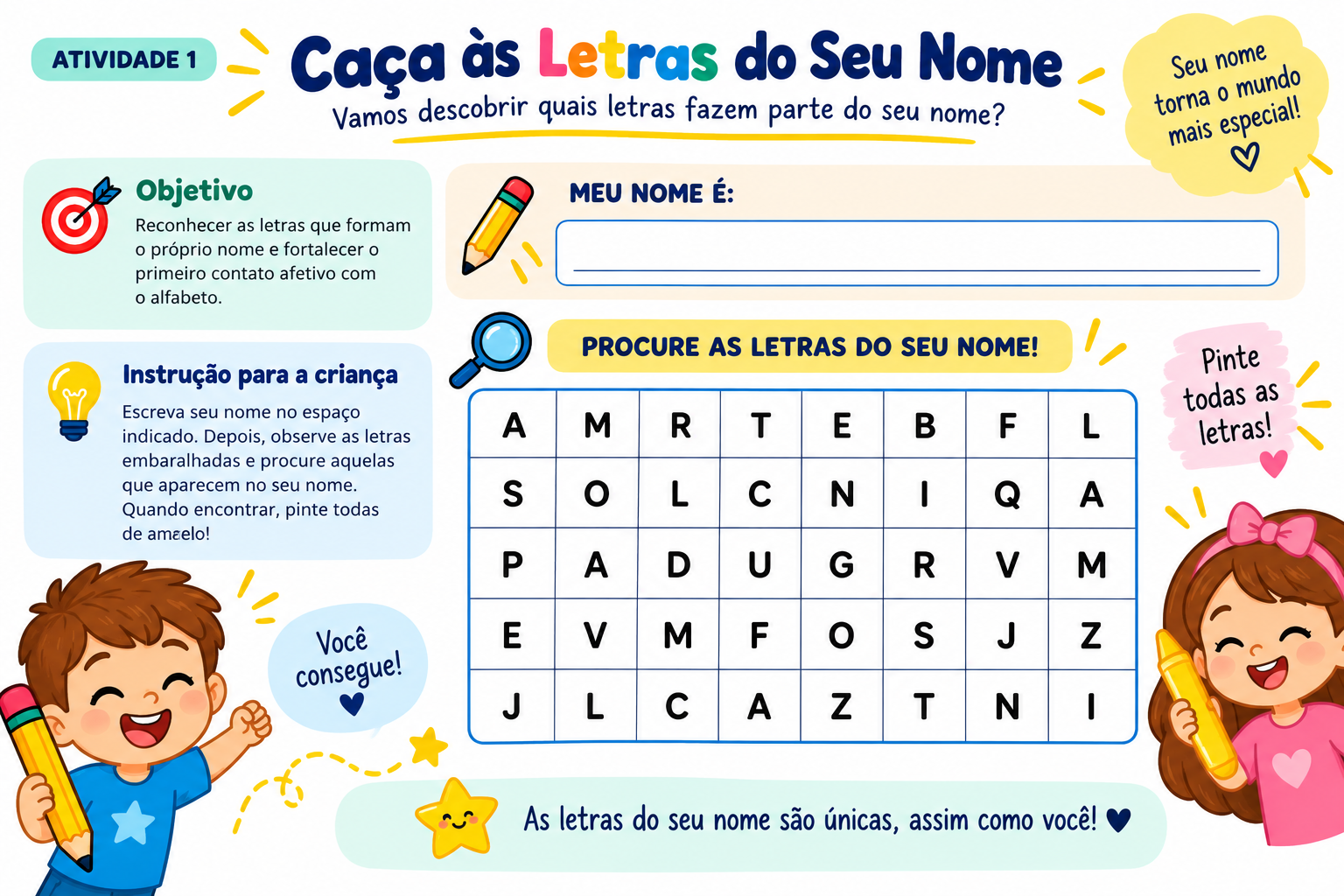 Página real do kit: atividade “Caça às letras do seu nome”, de reconhecimento das letras do nome.